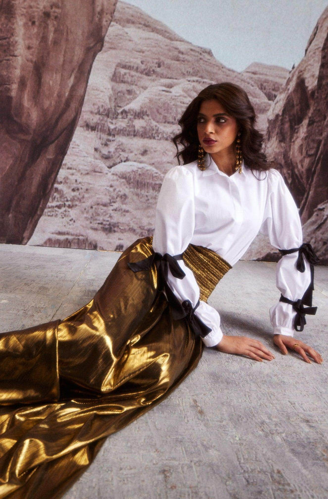 FIT & FLARE GOLD SKIRT - dash and dot dash and dot