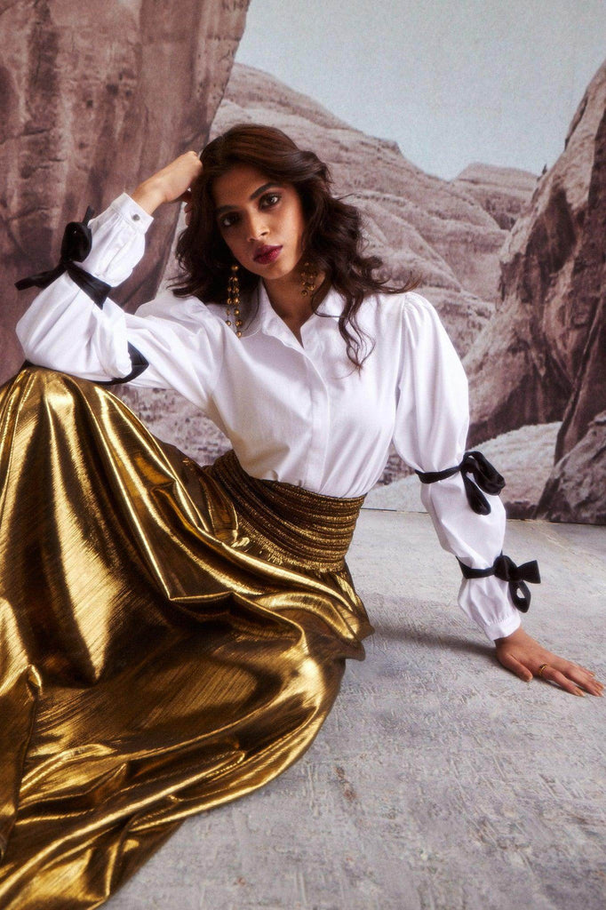 FIT & FLARE GOLD SKIRT - dash and dot dash and dot