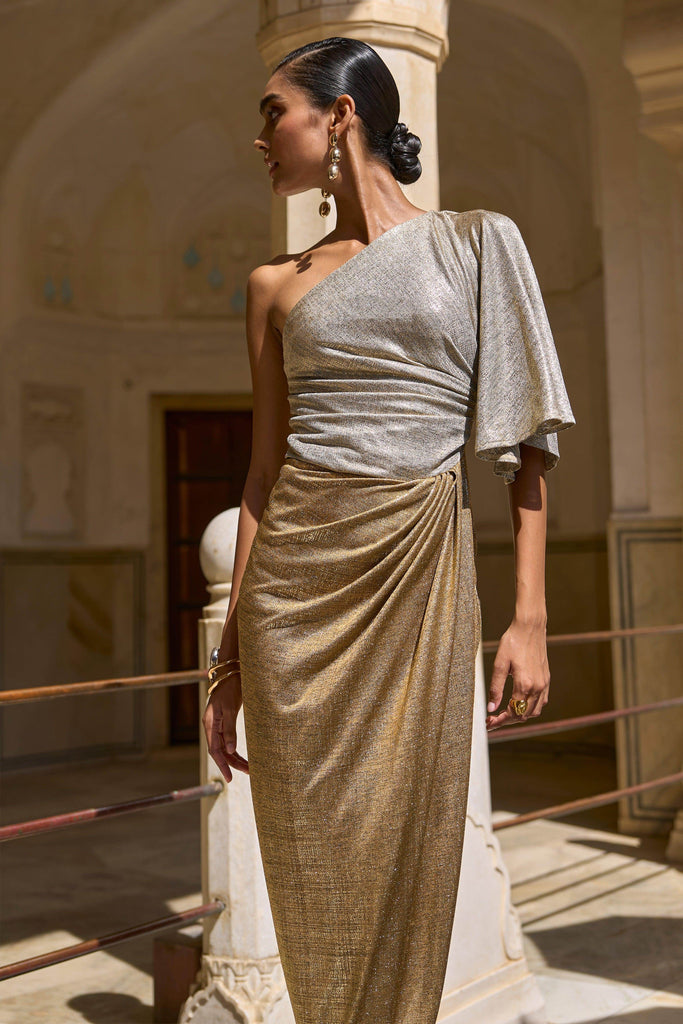 SINGLE SLEEVE FOIL BLOCKED DRESS - dash and dot dash and dot