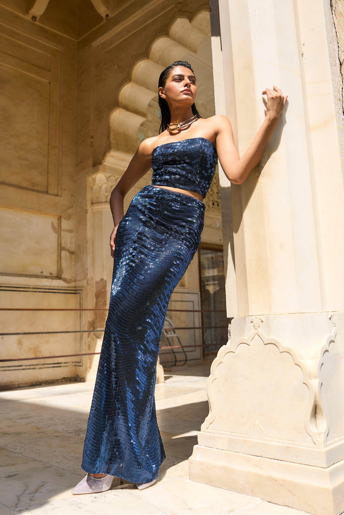 BLUE SEQUIN MAXI SKIRT - dash and dot dash and dot