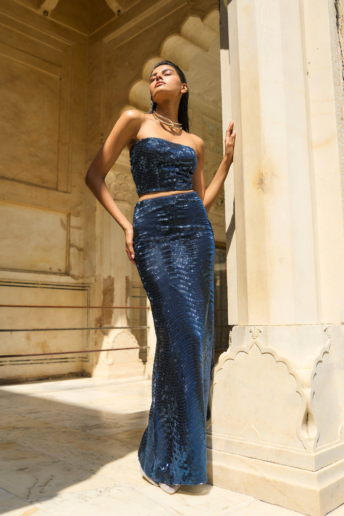 BLUE SEQUIN MAXI SKIRT - dash and dot dash and dot