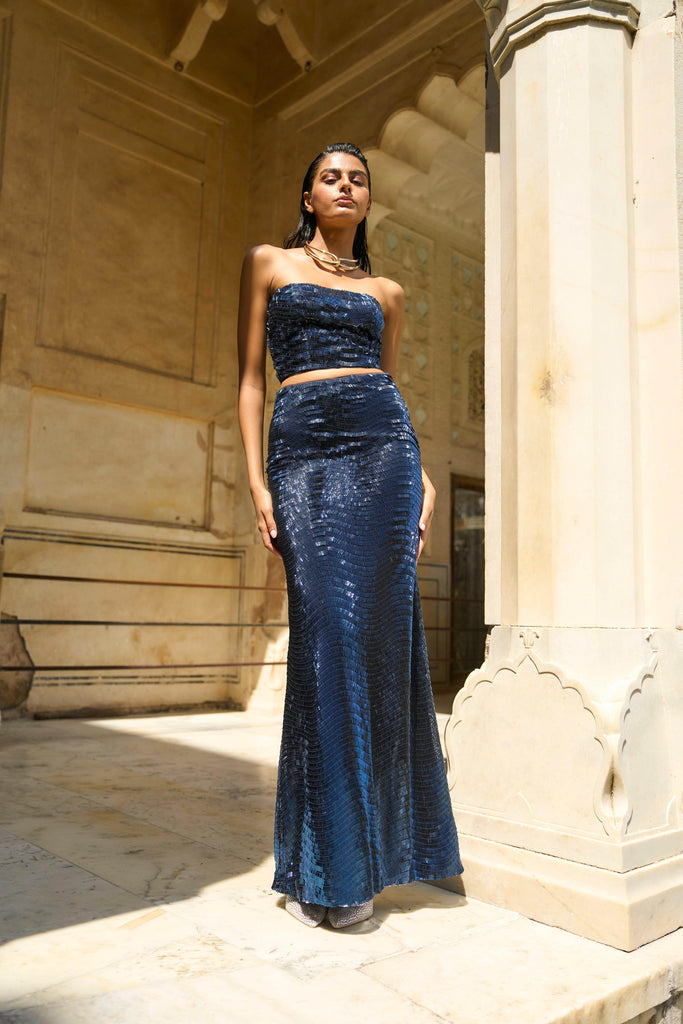 BLUE SEQUIN MAXI SKIRT - dash and dot dash and dot