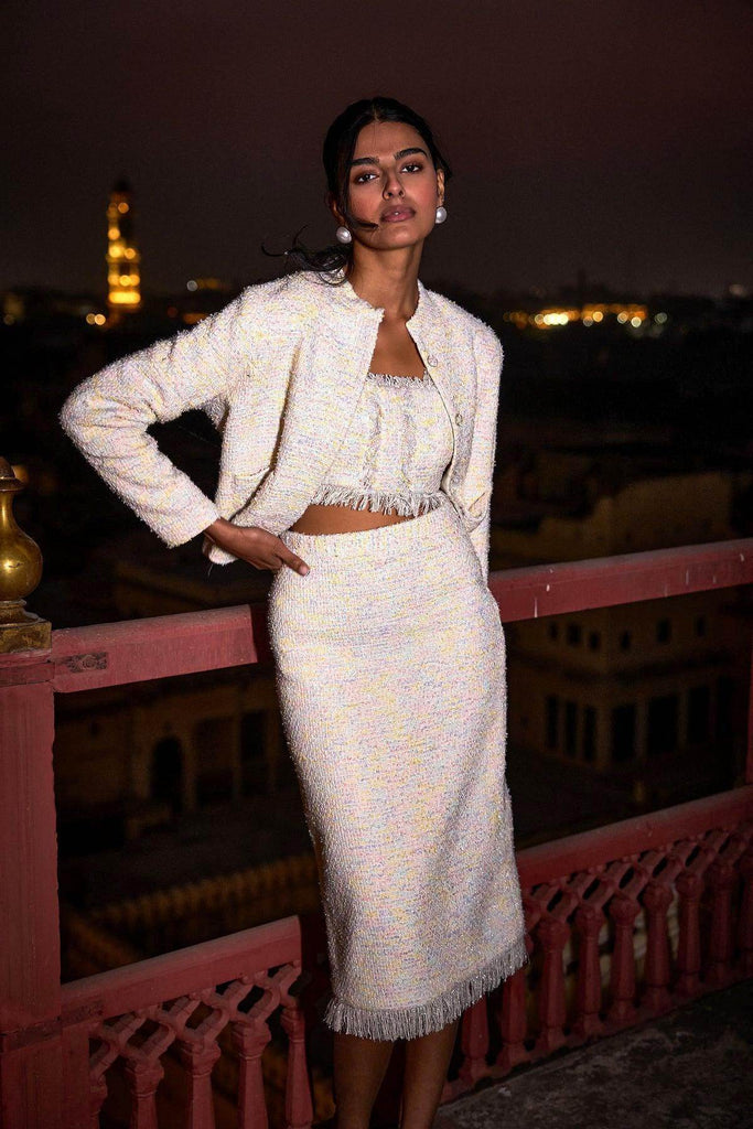 PASTEL BOUCLÉ BRALETTE, JACKET AND SKIRT - dash and dot dash and dot