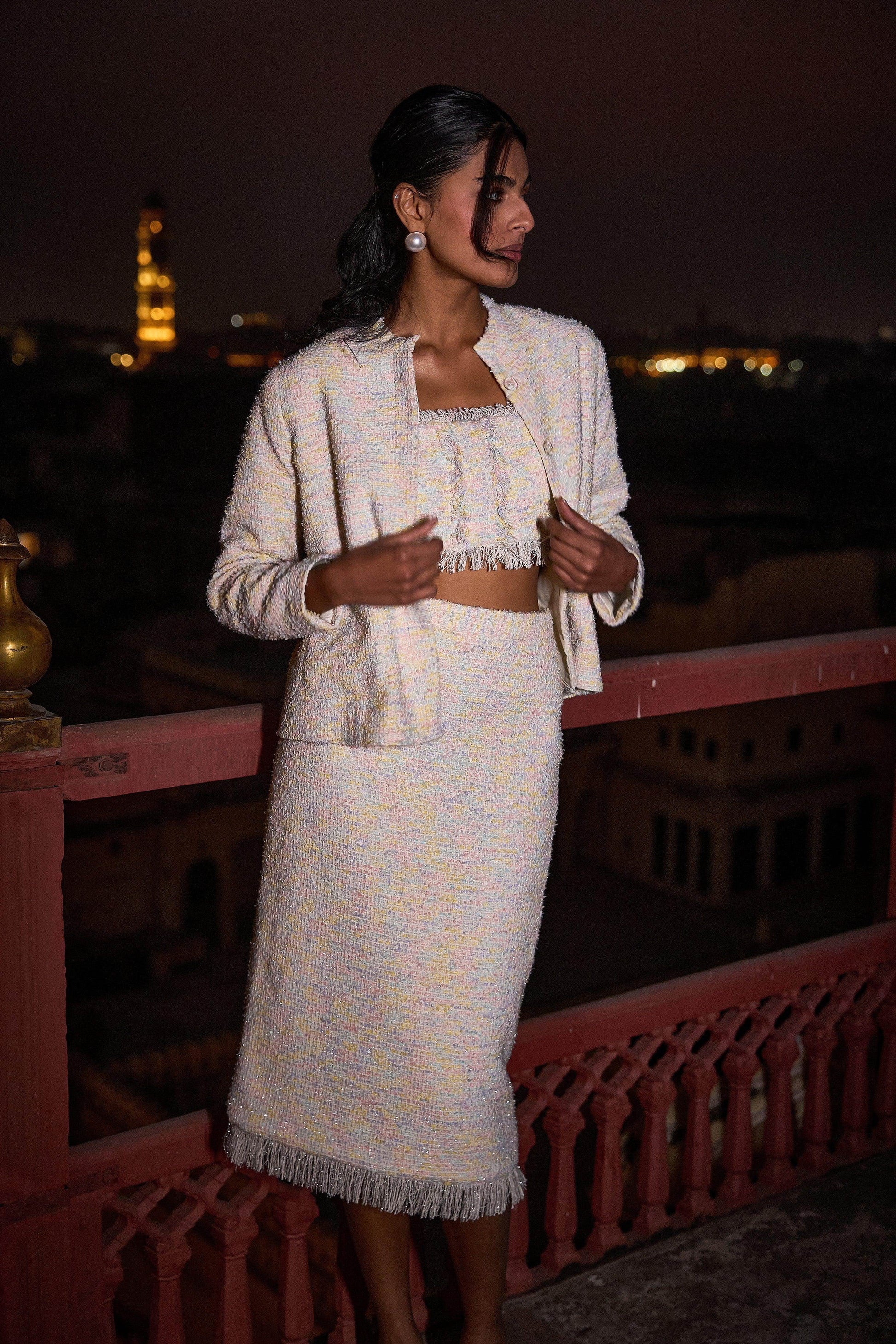 PASTEL BOUCLÉ BRALETTE, JACKET AND SKIRT - dash and dot