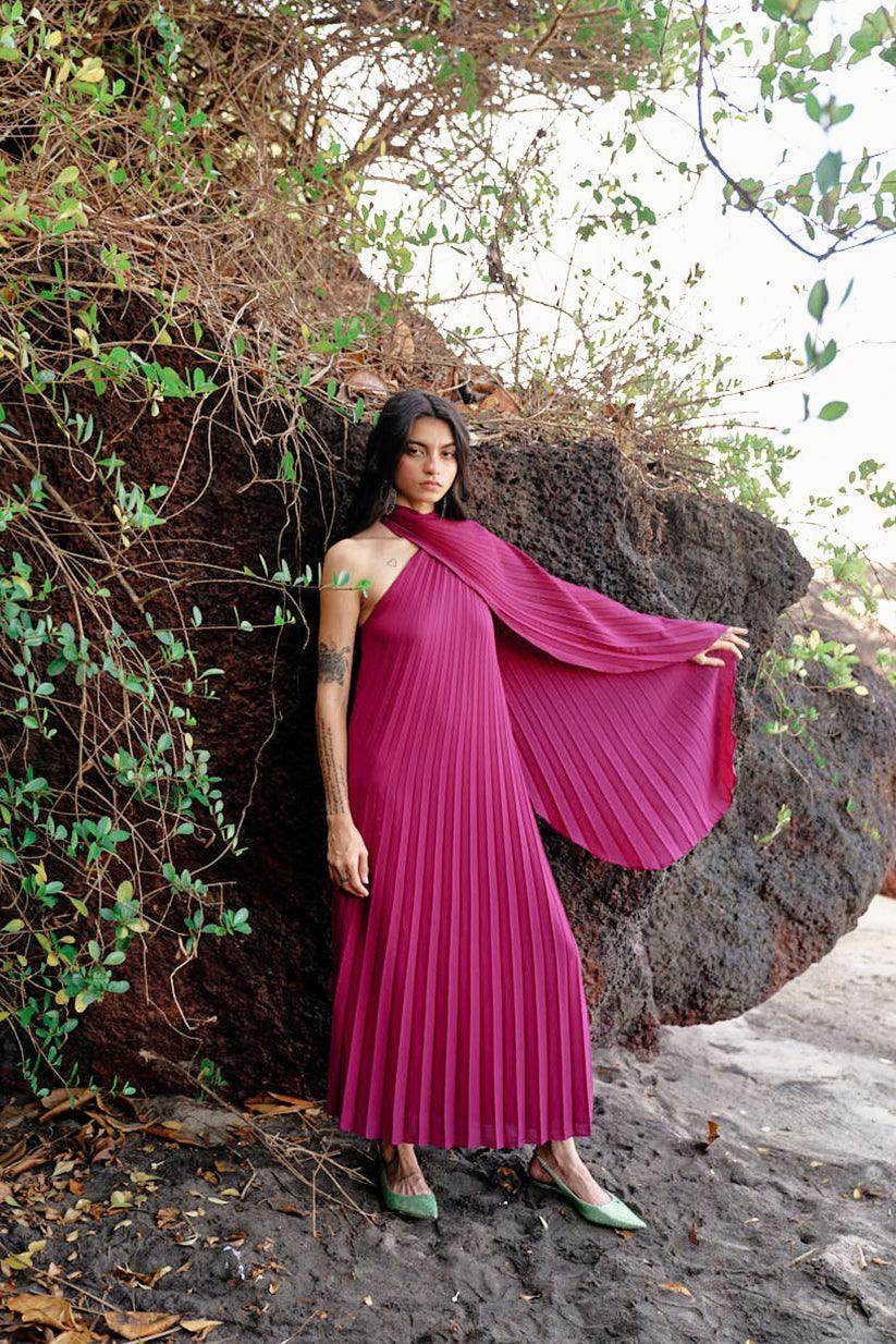 pleated spring dress Songbird Pleated Midi Dress Natural/Fuchsia / L