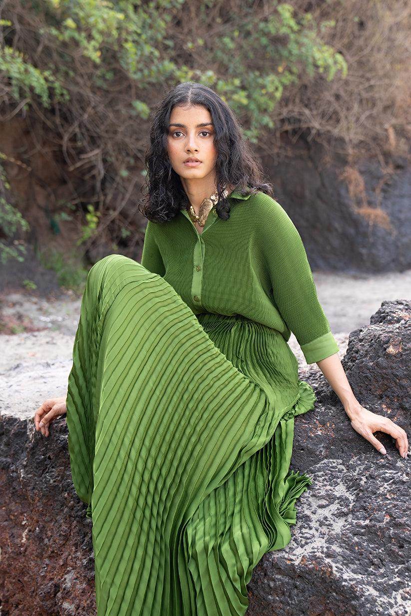 green pleated skirt dress Esperanza Metallic Green Pleated Midi Skirt A' La' Posh Clothing