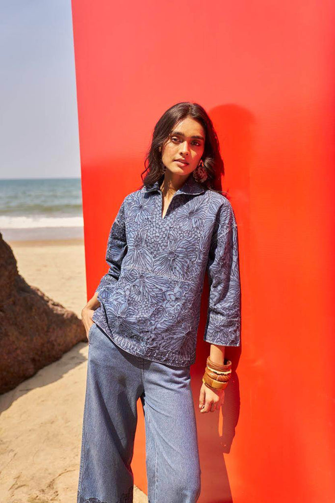 EMBROIDERED DENIM POPOVER TOP - dash and dot dash and dot