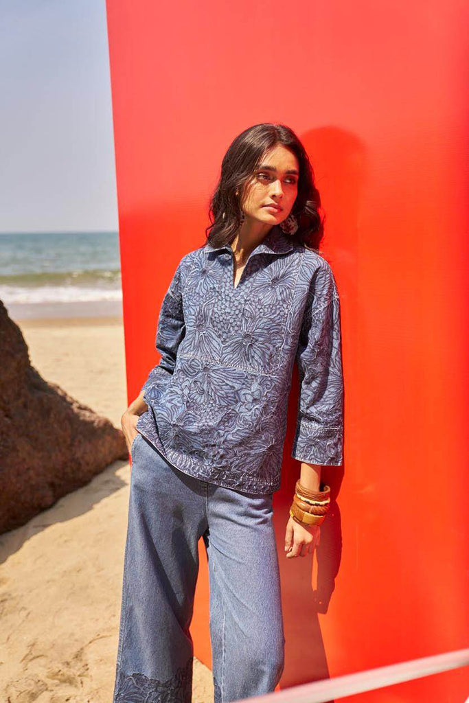 EMBROIDERED DENIM POPOVER TOP - dash and dot dash and dot