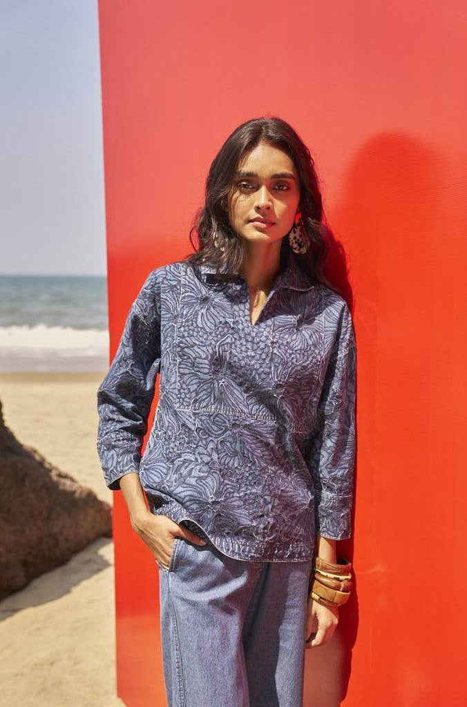 EMBROIDERED DENIM POPOVER TOP - dash and dot dash and dot