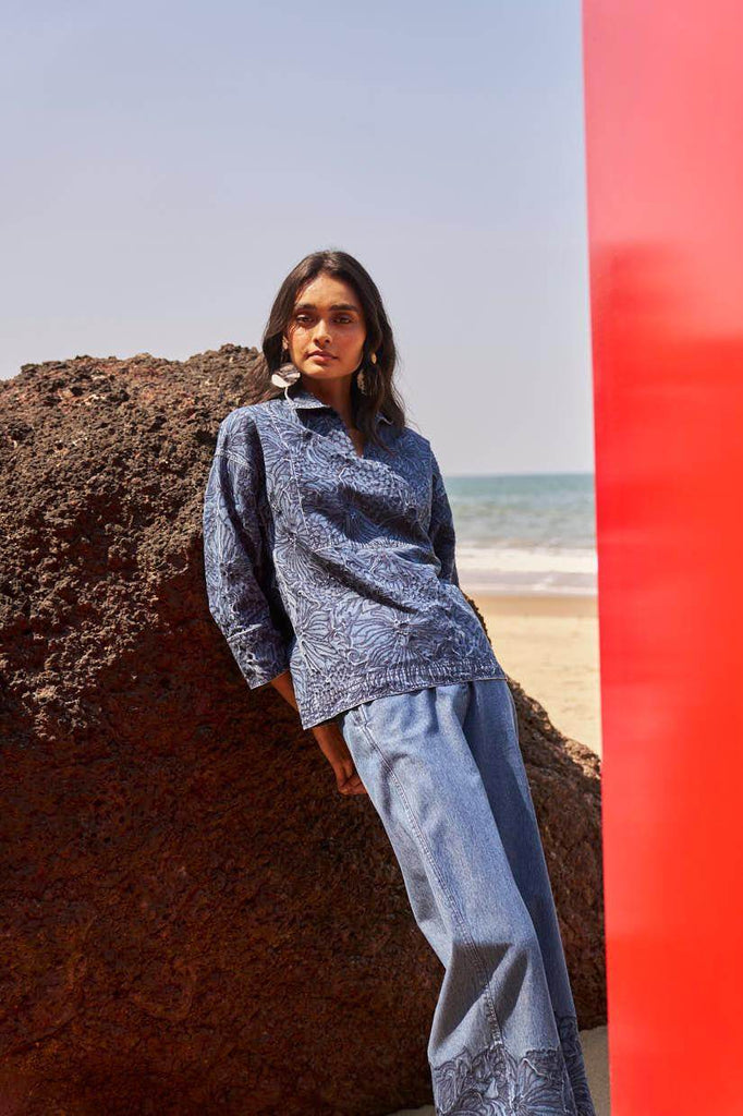 EMBROIDERED DENIM POPOVER TOP - dash and dot dash and dot