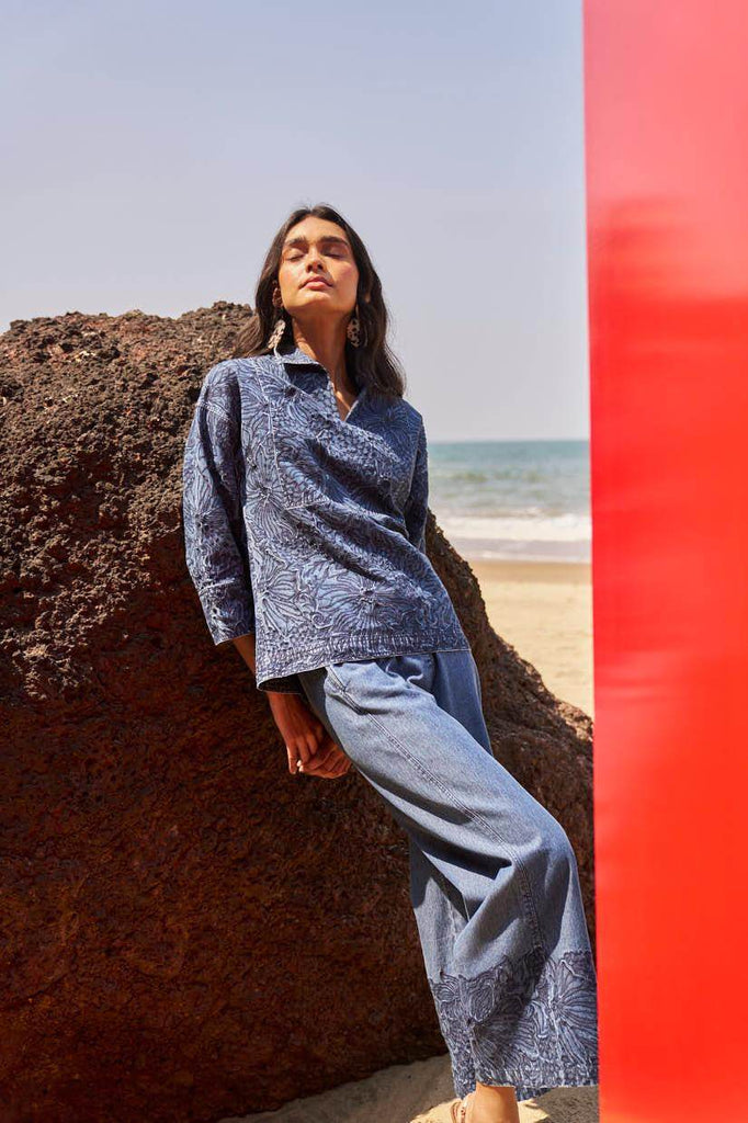 EMBROIDERED DENIM POPOVER TOP - dash and dot dash and dot