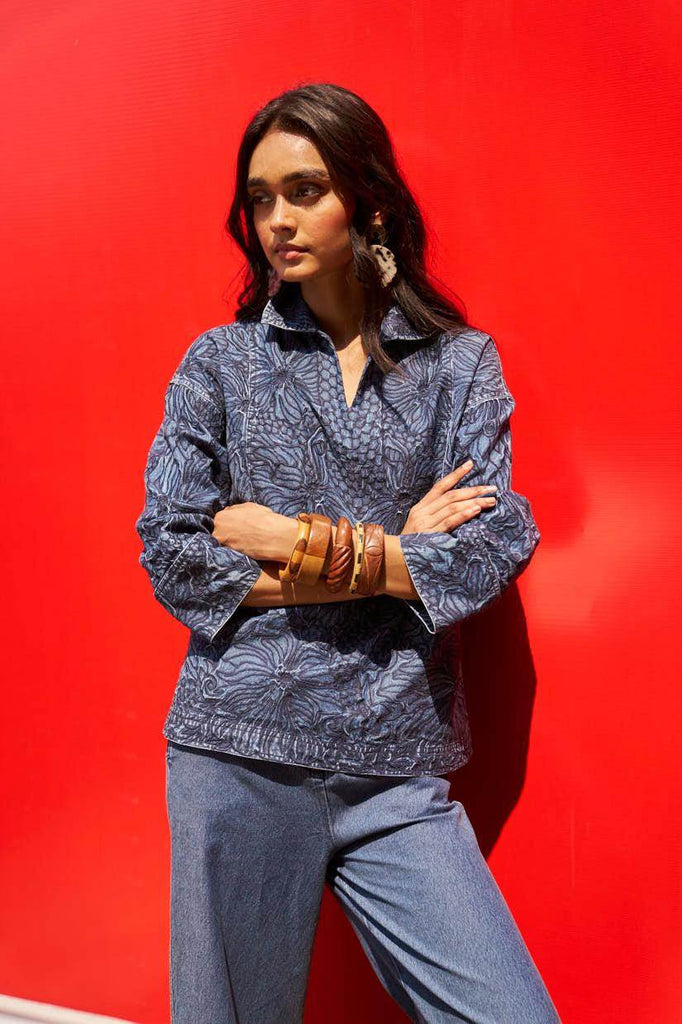EMBROIDERED DENIM POPOVER TOP - dash and dot dash and dot