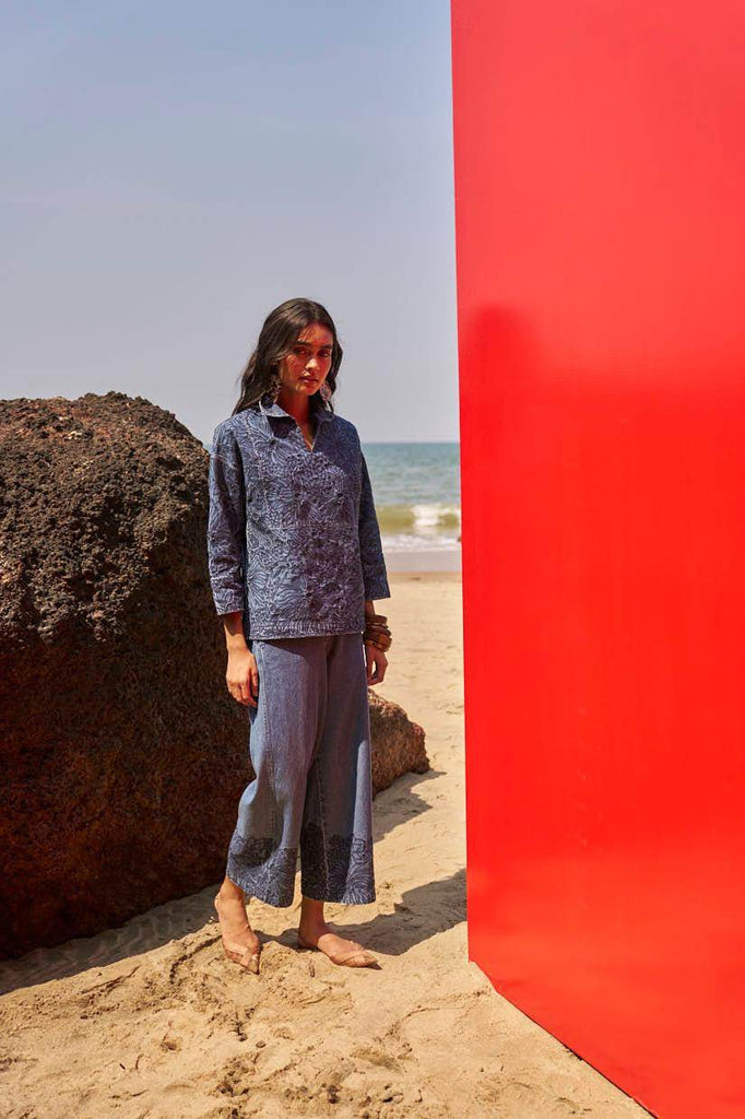 EMBROIDERED DENIM POPOVER TOP - dash and dot dash and dot