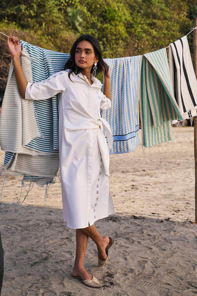 SIDE TIE CROSS STITCHED SHIRT DRESS - dash and dot dash and dot