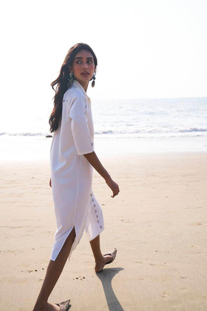 SIDE TIE CROSS STITCHED SHIRT DRESS - dash and dot dash and dot