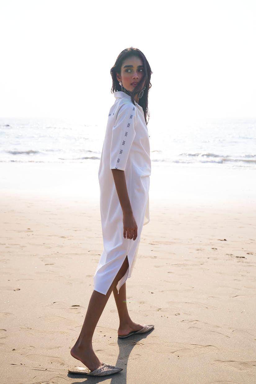 SIDE TIE CROSS STITCHED SHIRT DRESS - dash and dot