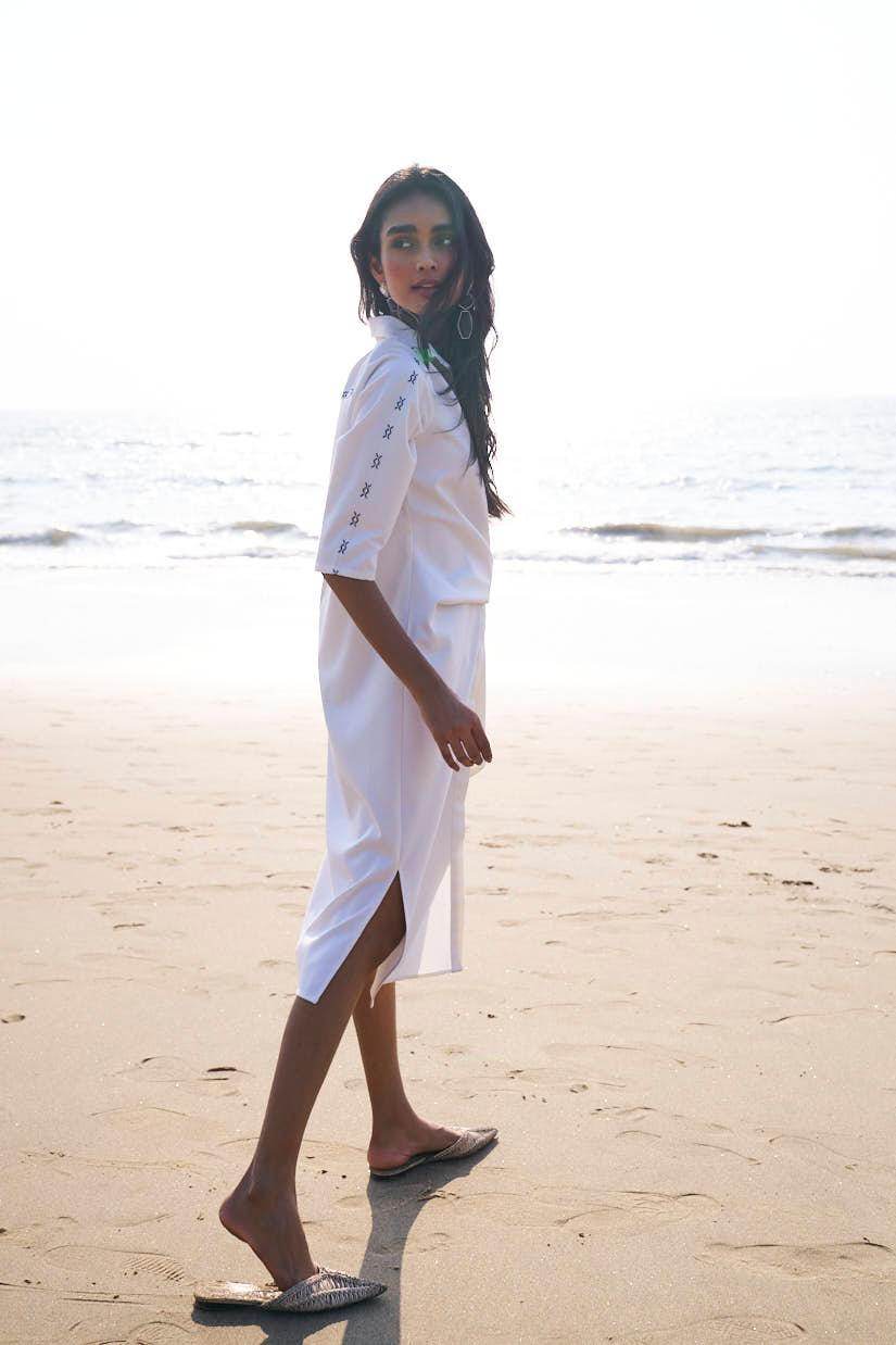 SIDE TIE CROSS STITCHED SHIRT DRESS - dash and dot