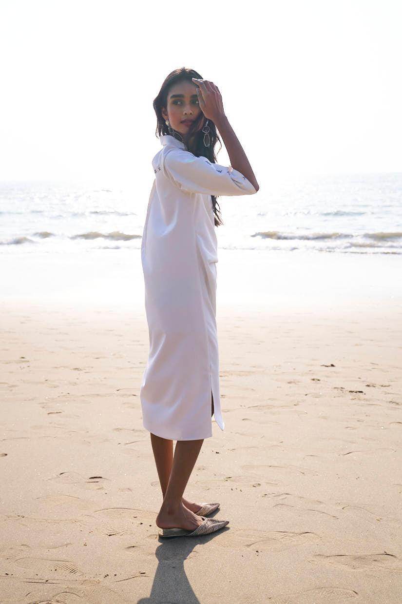 SIDE TIE CROSS STITCHED SHIRT DRESS - dash and dot