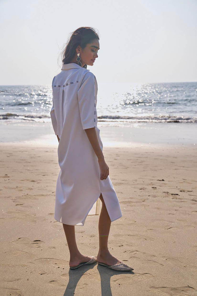 SIDE TIE CROSS STITCHED SHIRT DRESS - dash and dot dash and dot