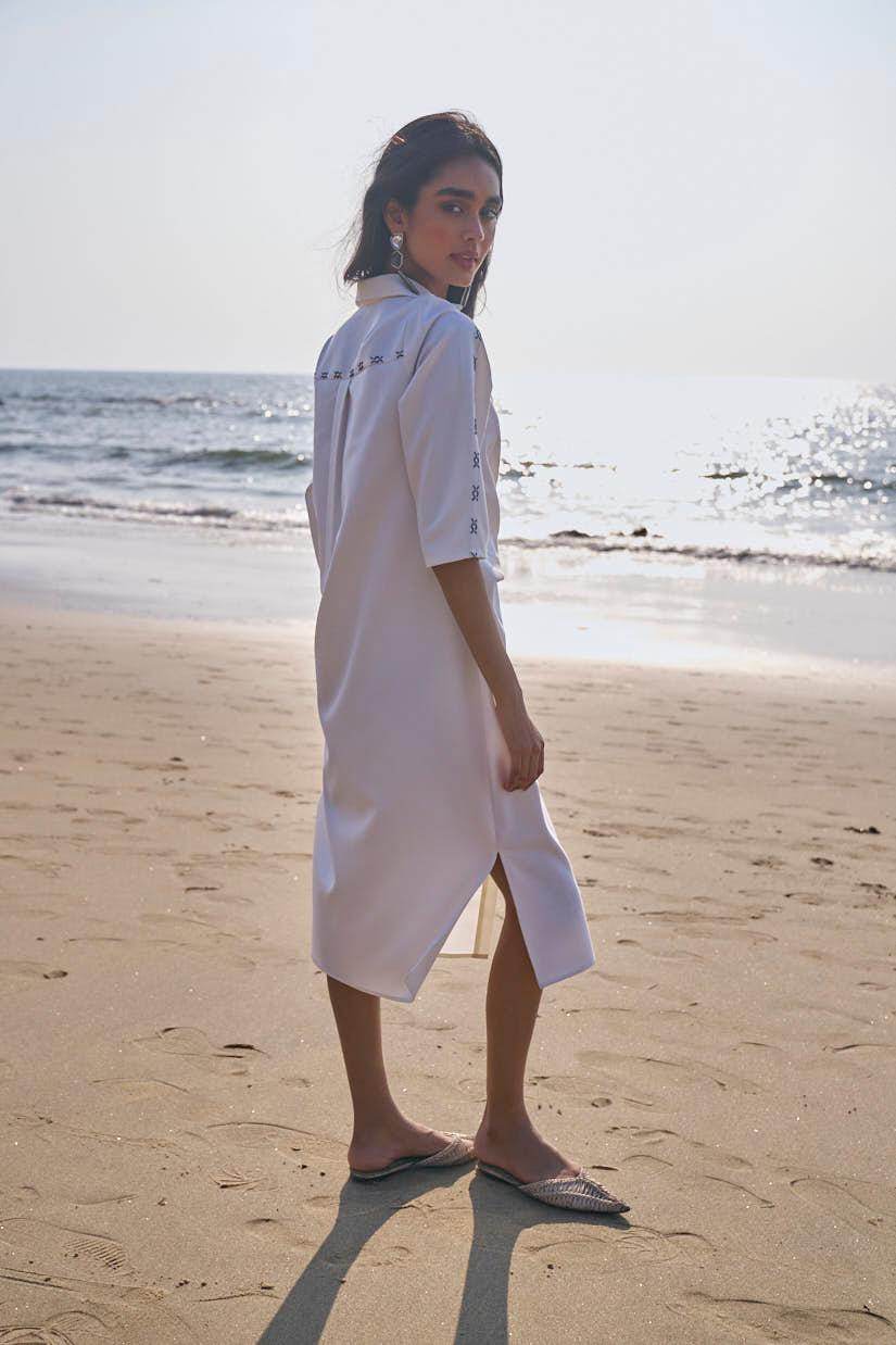 SIDE TIE CROSS STITCHED SHIRT DRESS - dash and dot