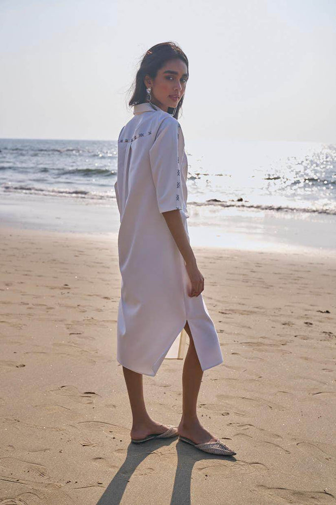 SIDE TIE CROSS STITCHED SHIRT DRESS - dash and dot dash and dot