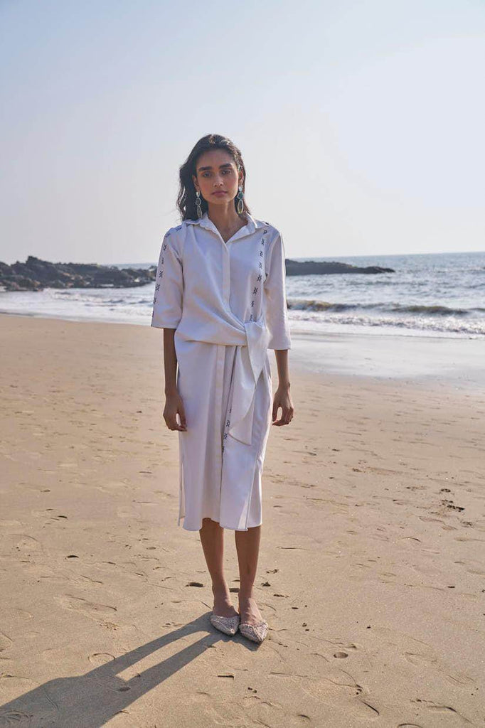 SIDE TIE CROSS STITCHED SHIRT DRESS - dash and dot dash and dot