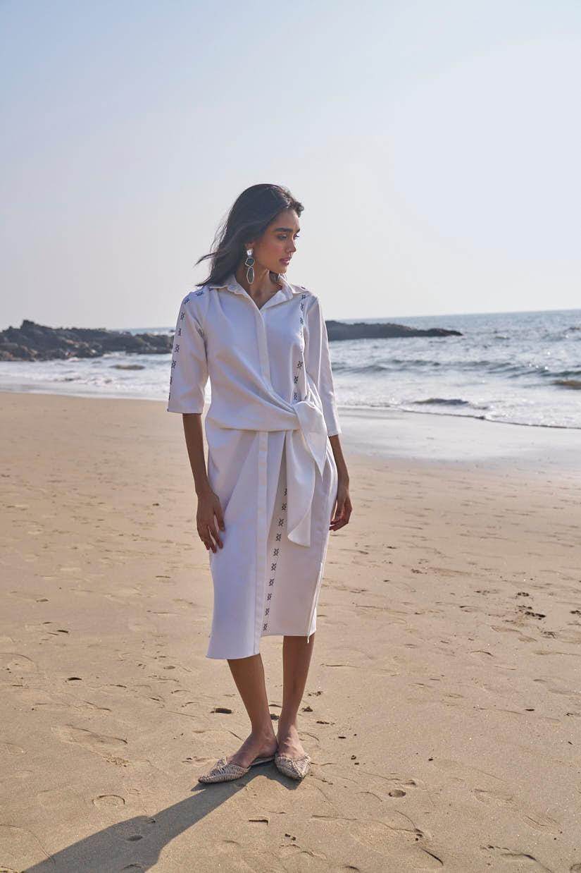 SIDE TIE CROSS STITCHED SHIRT DRESS - dash and dot