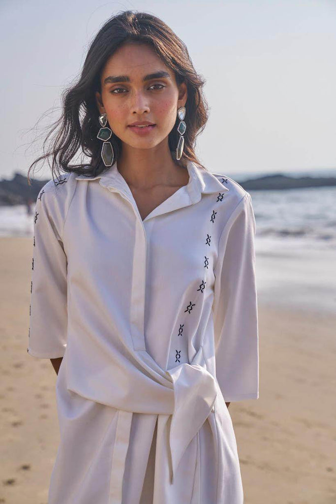 SIDE TIE CROSS STITCHED SHIRT DRESS - dash and dot dash and dot