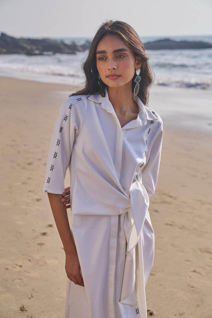 SIDE TIE CROSS STITCHED SHIRT DRESS - dash and dot dash and dot