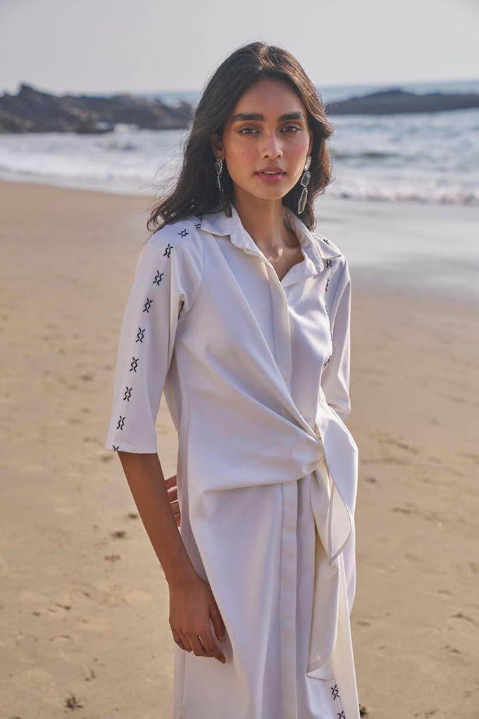 SIDE TIE CROSS STITCHED SHIRT DRESS - dash and dot dash and dot