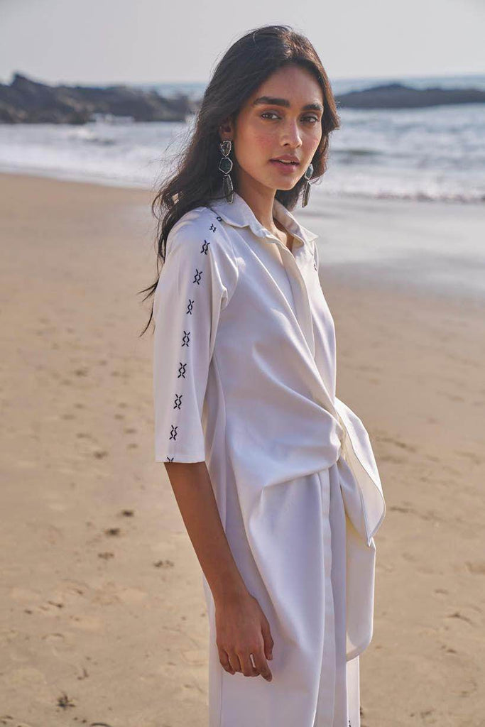 SIDE TIE CROSS STITCHED SHIRT DRESS - dash and dot dash and dot