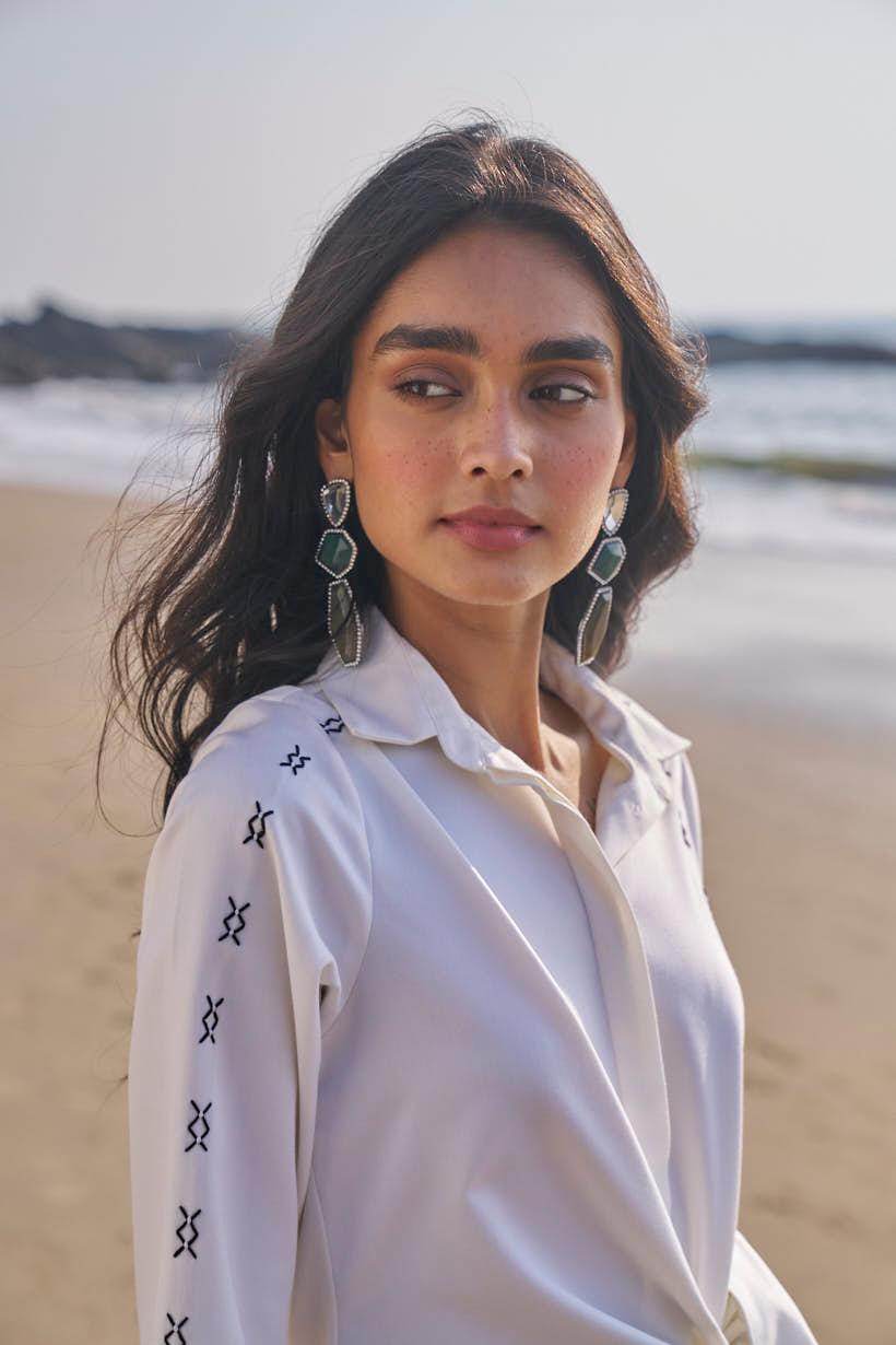 SIDE TIE CROSS STITCHED SHIRT DRESS - dash and dot