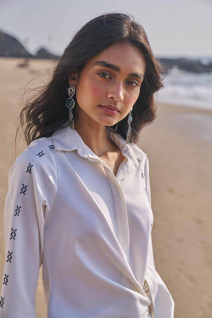 SIDE TIE CROSS STITCHED SHIRT DRESS - dash and dot dash and dot