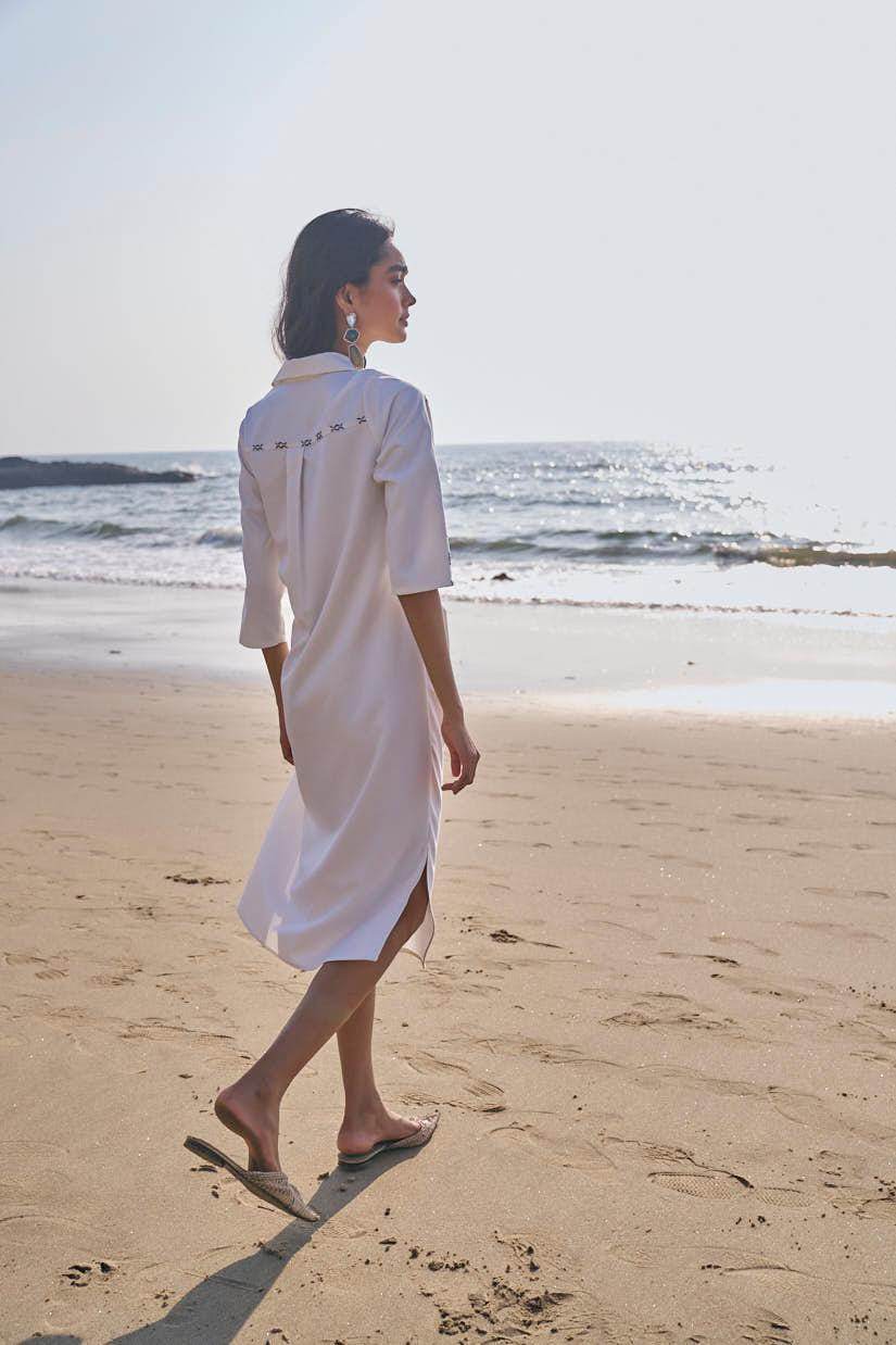 SIDE TIE CROSS STITCHED SHIRT DRESS - dash and dot