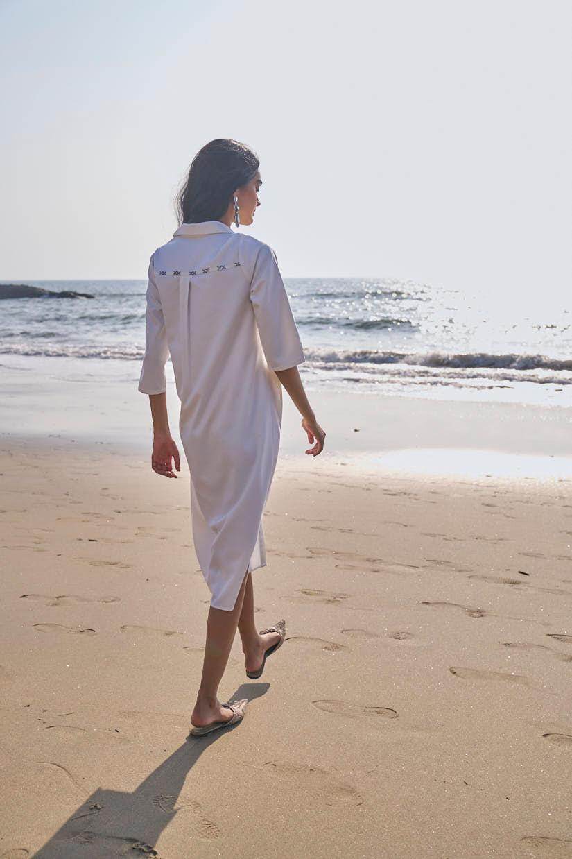 SIDE TIE CROSS STITCHED SHIRT DRESS - dash and dot