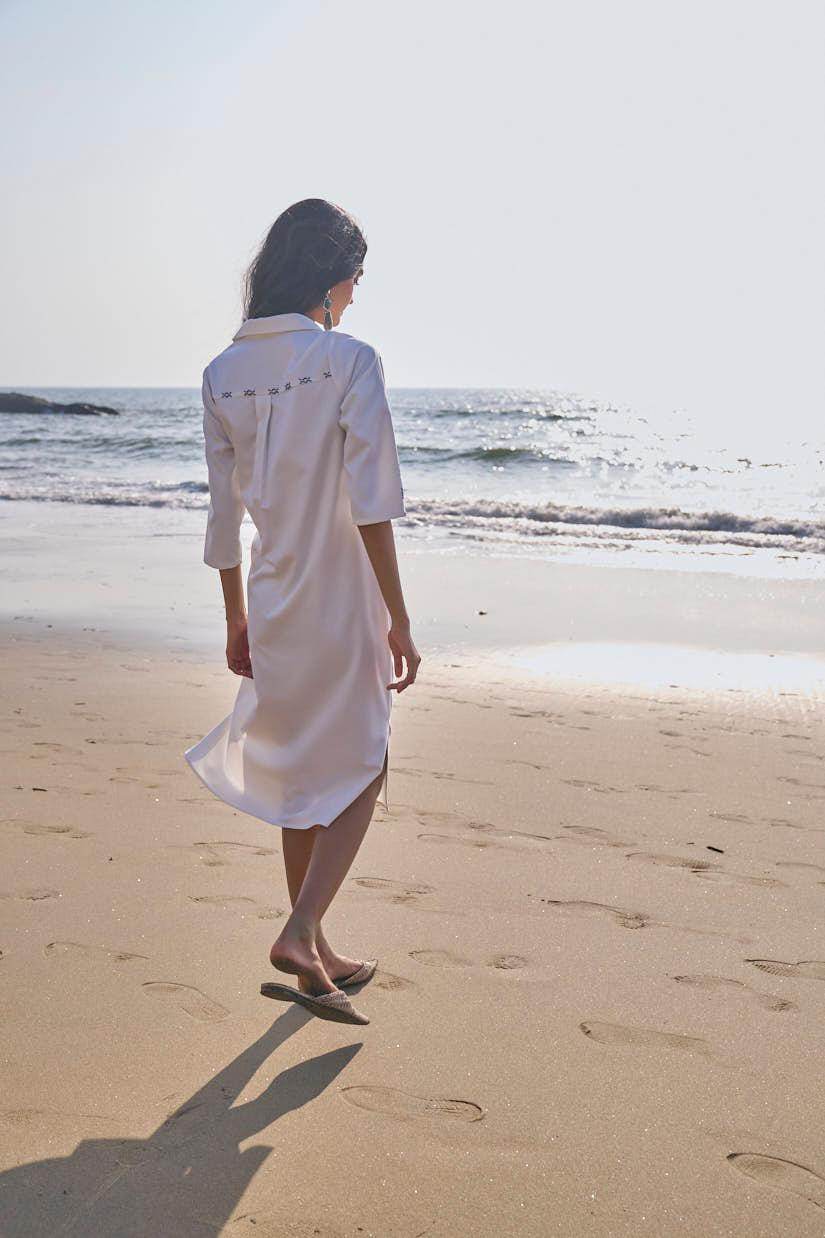 SIDE TIE CROSS STITCHED SHIRT DRESS - dash and dot