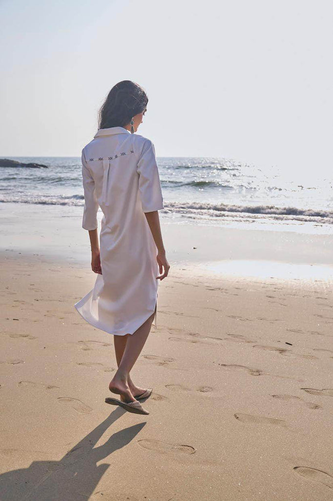 SIDE TIE CROSS STITCHED SHIRT DRESS - dash and dot dash and dot