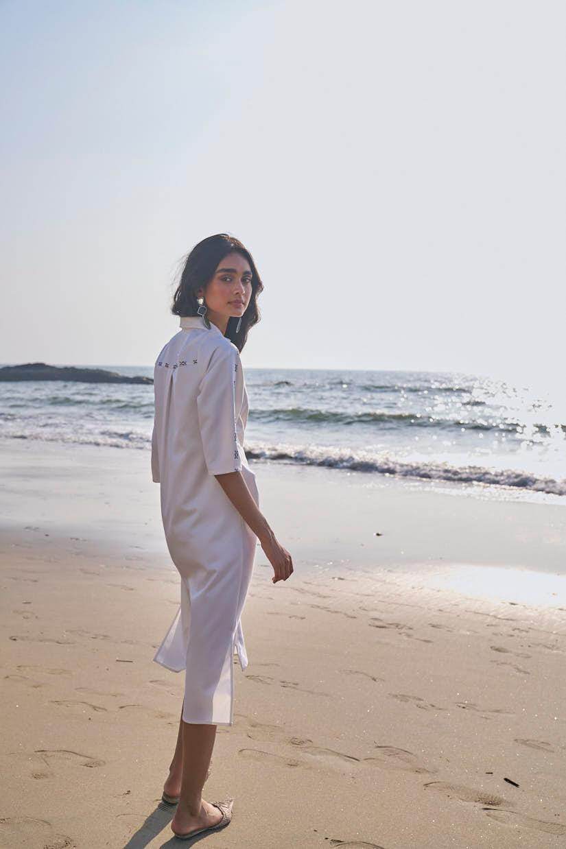 SIDE TIE CROSS STITCHED SHIRT DRESS - dash and dot