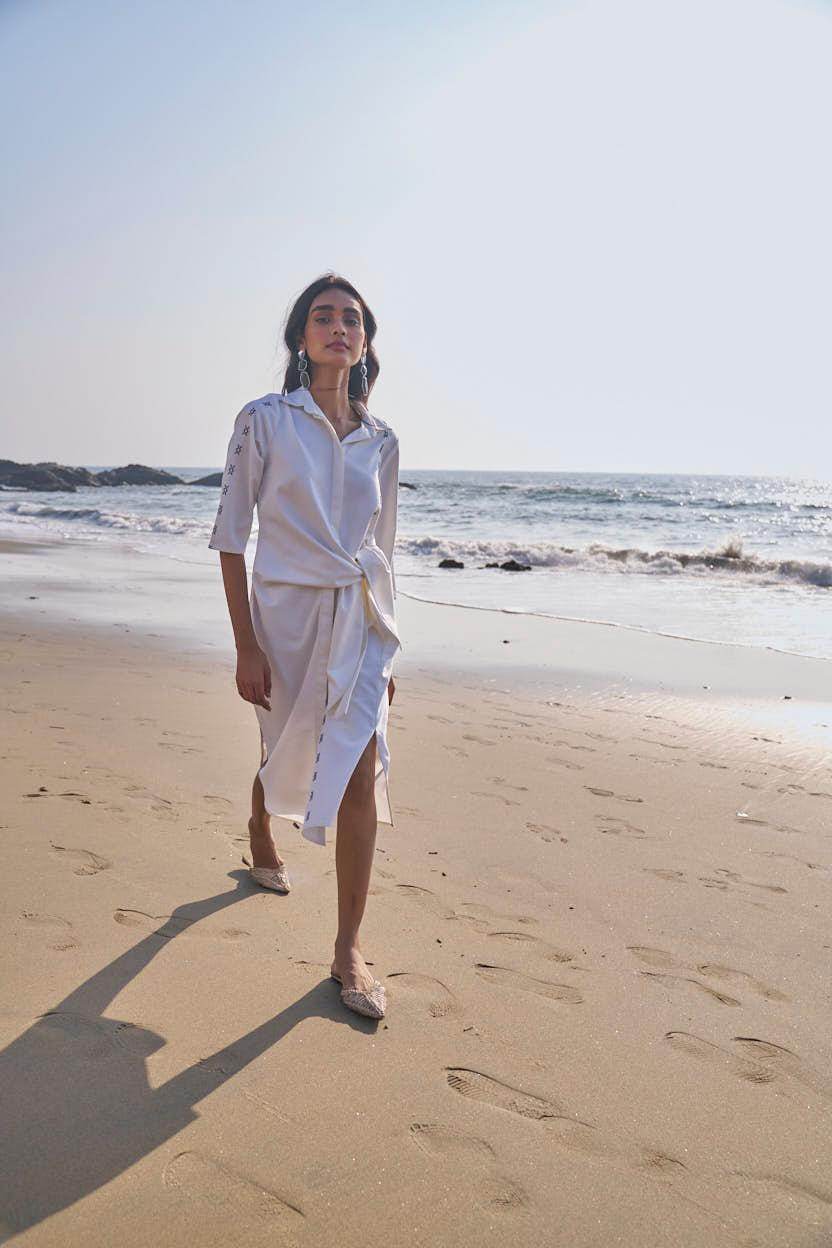 SIDE TIE CROSS STITCHED SHIRT DRESS - dash and dot