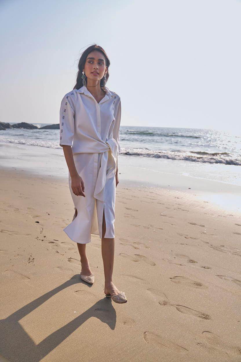 SIDE TIE CROSS STITCHED SHIRT DRESS - dash and dot