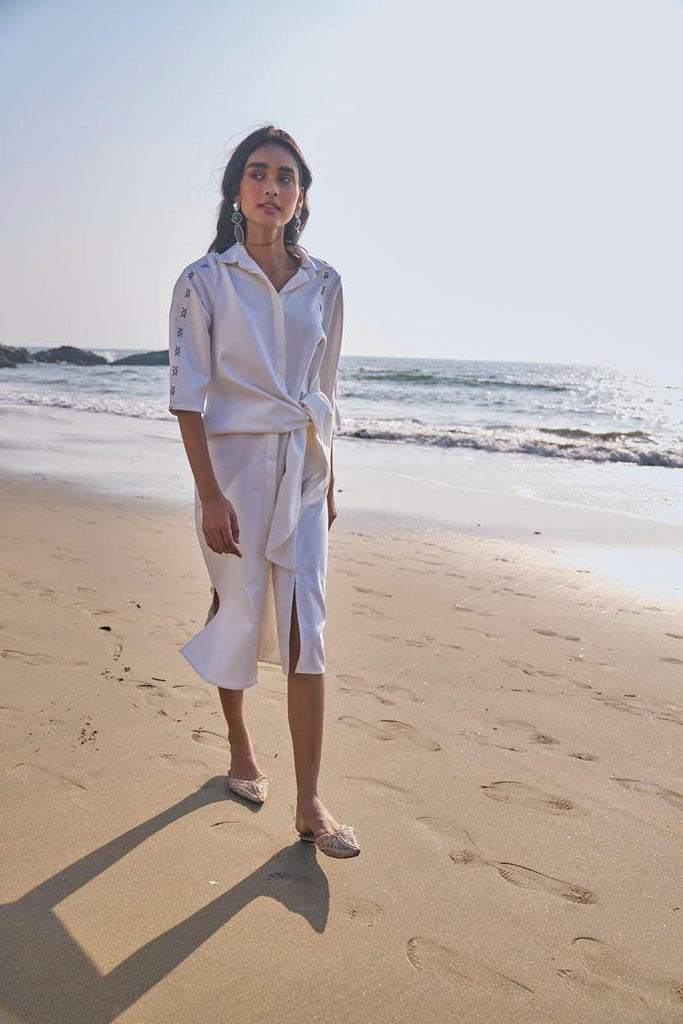SIDE TIE CROSS STITCHED SHIRT DRESS - dash and dot dash and dot