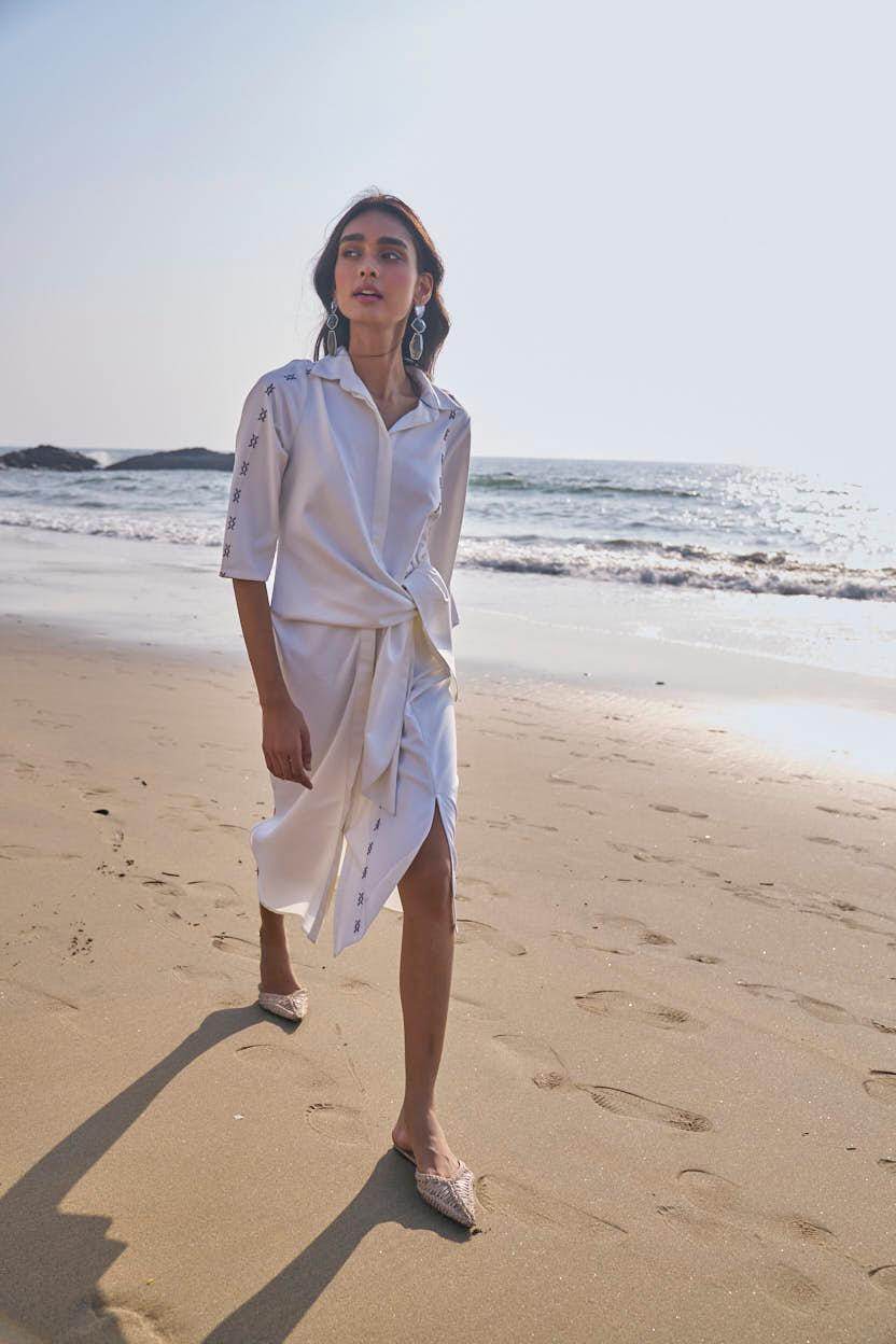 SIDE TIE CROSS STITCHED SHIRT DRESS - dash and dot