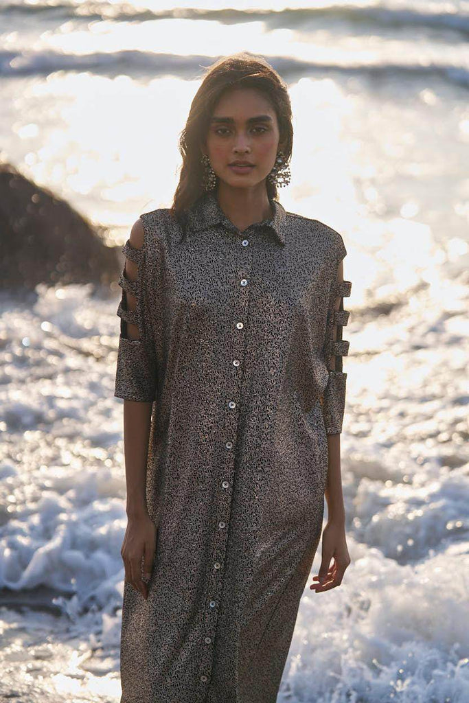 SHIMMERING CUTOUT SLEEVE SHIRT DRESS - dash and dot dash and dot