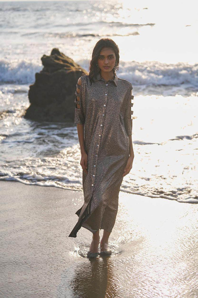 SHIMMERING CUTOUT SLEEVE SHIRT DRESS - dash and dot dash and dot