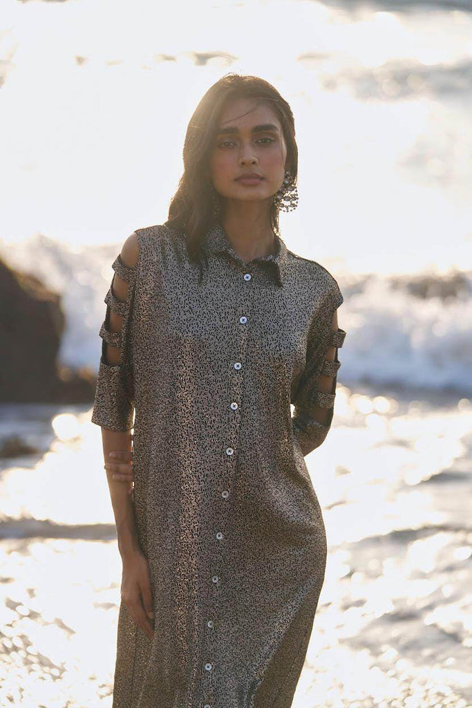 SHIMMERING CUTOUT SLEEVE SHIRT DRESS - dash and dot dash and dot