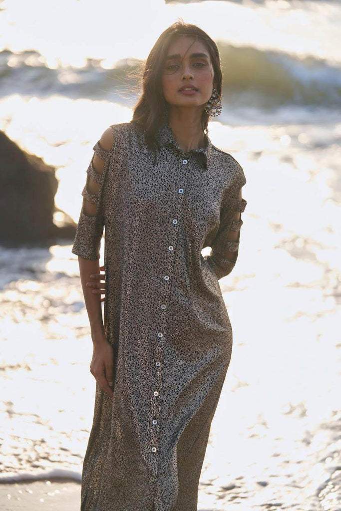 SHIMMERING CUTOUT SLEEVE SHIRT DRESS - dash and dot dash and dot