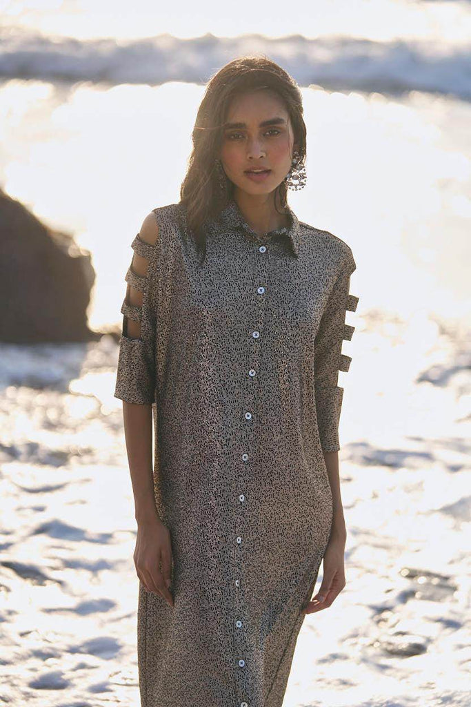 SHIMMERING CUTOUT SLEEVE SHIRT DRESS - dash and dot dash and dot
