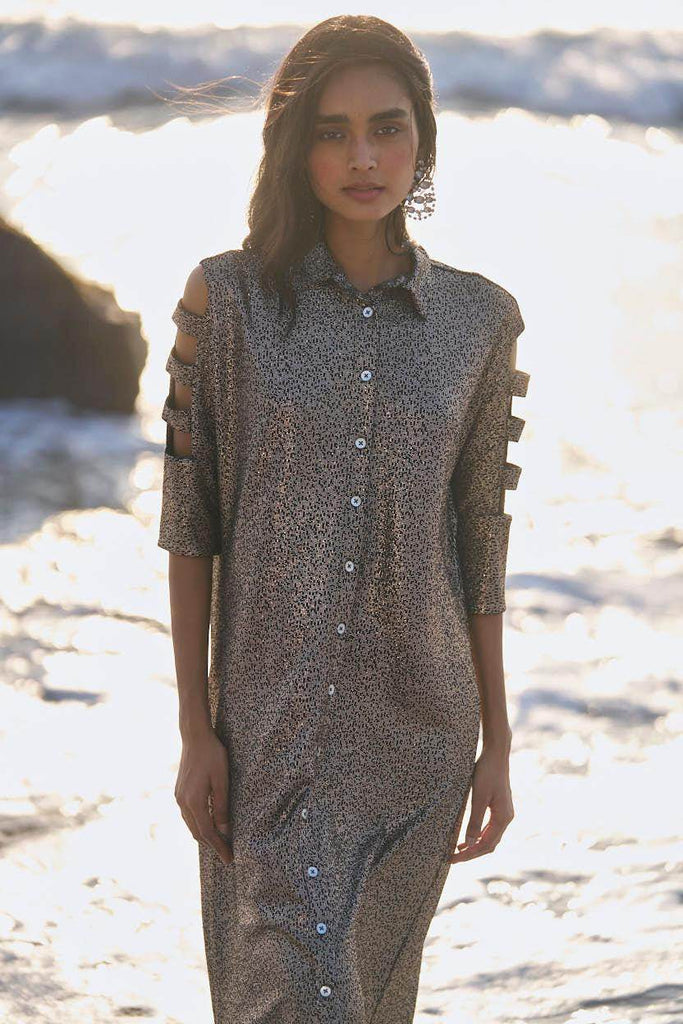 SHIMMERING CUTOUT SLEEVE SHIRT DRESS - dash and dot dash and dot