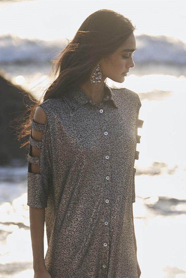 SHIMMERING CUTOUT SLEEVE SHIRT DRESS - dash and dot dash and dot