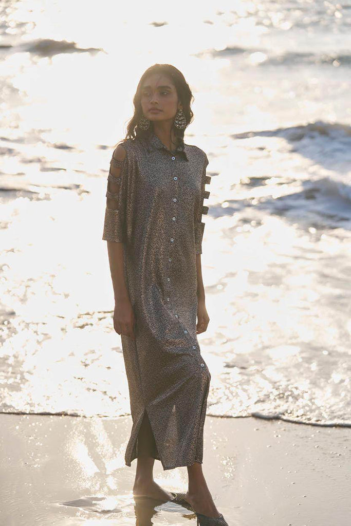 SHIMMERING CUTOUT SLEEVE SHIRT DRESS - dash and dot dash and dot